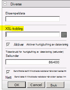 Egenskaper for XSL-kobling på Nettstedsdel-menyen