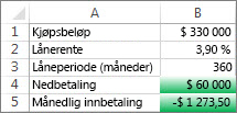 Celle B4 og B5 tilfredsstiller betingelsene, så de formateres med grønt