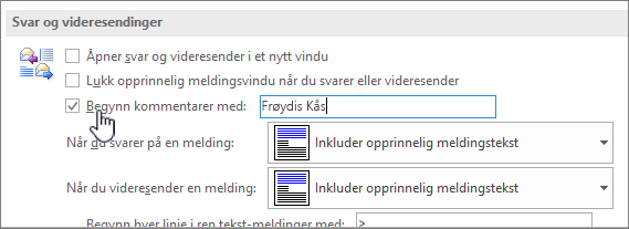 Innstilling i Alternativer for innebygde kommentarer