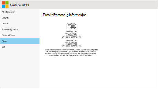 Om-skjermen for Surface UEFI