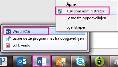 Høyreklikk ikonet Word, og høyreklikk deretter Word på nytt for å kjøre programmet som administrator.