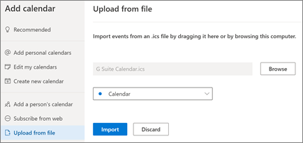Laste opp en kalender i Outlook på nettet