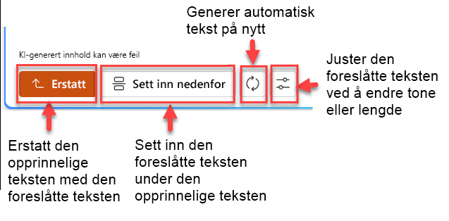 Skjermbilde av foreslått tekstrute med fire knapper av: erstatt, sett inn nedenfor, regenerer og juster.