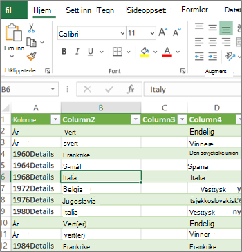 Et vanlig Excel regneark