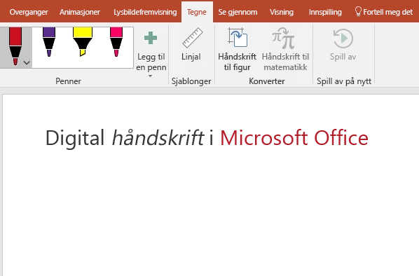 «Hallo» er skrevet på Powerpoint-lerretet med digital håndskrift.