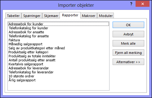 Importere dialogboksen Objekter til en Access-database