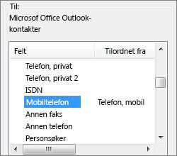 Mobiltlf tilordnes Mobiltelefon-feltet i Outlook