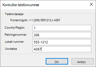 Velg et alternativ under Telefonnumre på kontaktkortet i Outlook, og oppdater dialogboksen Kontroller telefonnummer etter behov.