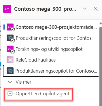 Skjermbilde av oppretting av en ny Copilot-agent fra chatruten