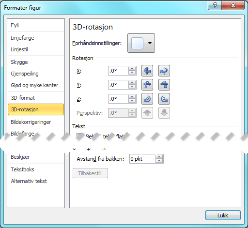 Alternativene for 3D-rotasjon i dialogboksen Formater figur