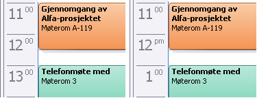 Kalendervisning som viser instillingene for 24-timers klokke og 12-timers klokke