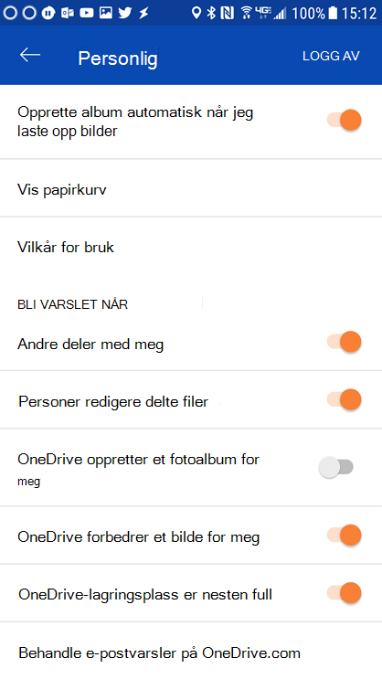 Gå til innstillingene for appen OneDrive for Android for å angi varslingsinnstillingene.