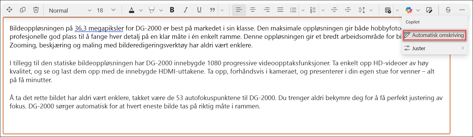 automatisk omskriving før – et skjermbilde av eksemplet