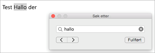 Viser søkeresultater i dialogboksen Søk og den første forekomsten av søkeordet uthevet i Outlook elementet