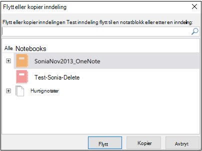 OneNote for Windows 2016 – dialogen Flytt eller Kopier inndeling