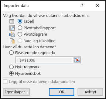 Dialogboksen Importer data fra Excel 2016