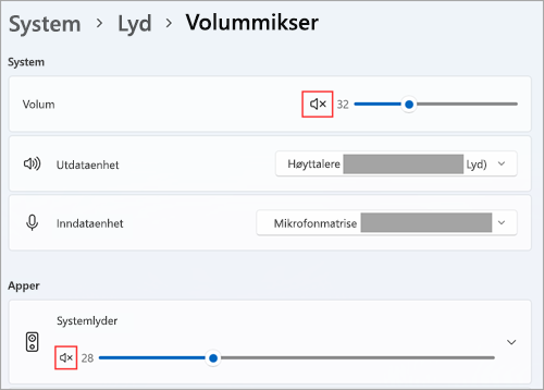 Vis volum og standard lydenheter i lydmikseren for Windows 11.