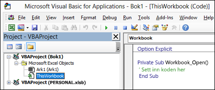 ThisWorkbook-modulen i Visual Basic Redaktør (VBE)