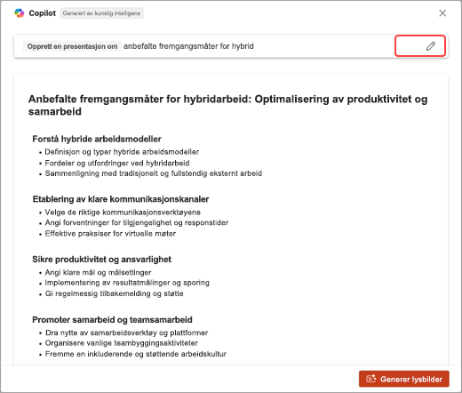 Skjermbilde av listen over emner generert av PowerPoint Copilot.