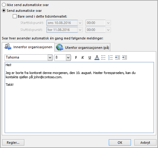 Send automatiske fraværsmeldinger fra Outlook - Outlook