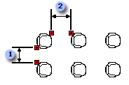 En matrise med seks stoler, der avstanden mellom figurene er angitt mellom figurkantene.