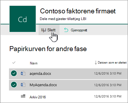 Papirkurv på andre nivå i SharePoint Online med Slett-knappen uthevet