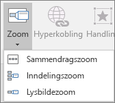 Viser forskjellige typer zoomer som kan velges når du går til Sett inn > Zoom: Sammendragszoom, lysbildezoom og inndelingszoom.