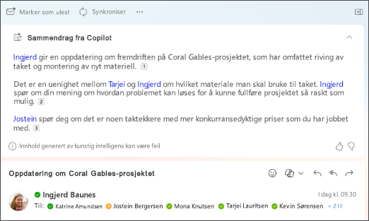 Sammendrag av en e-posttråd med referanser utarbeidet av Copilot
