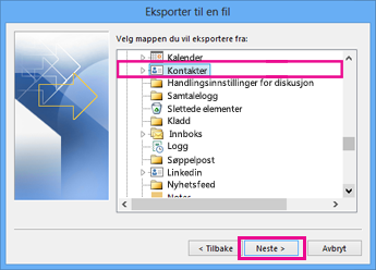 Veiviser for eksport for Outlook – Velg kontakter