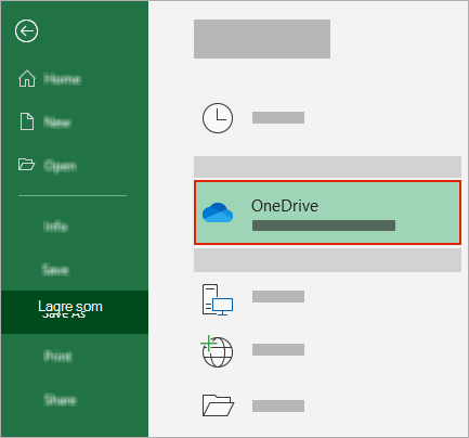 Dialogboksen Lagre som i Office som viser OneDrive-mappen