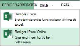 Redigere i Excel Online på Rediger arbeidsbok-menyen