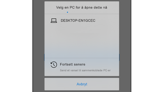 Skjermbilde som viser Velg en PC i Microsoft Edge på iOS, slik at brukeren kan åpne nettsiden på datamaskinen.