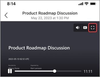 Trykk på fullskjermikonet for å vise et møteopptak på tvers av hele skjermen.