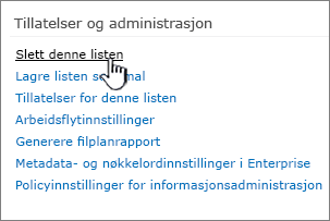 Slett denne listen under tillatelser og behandling