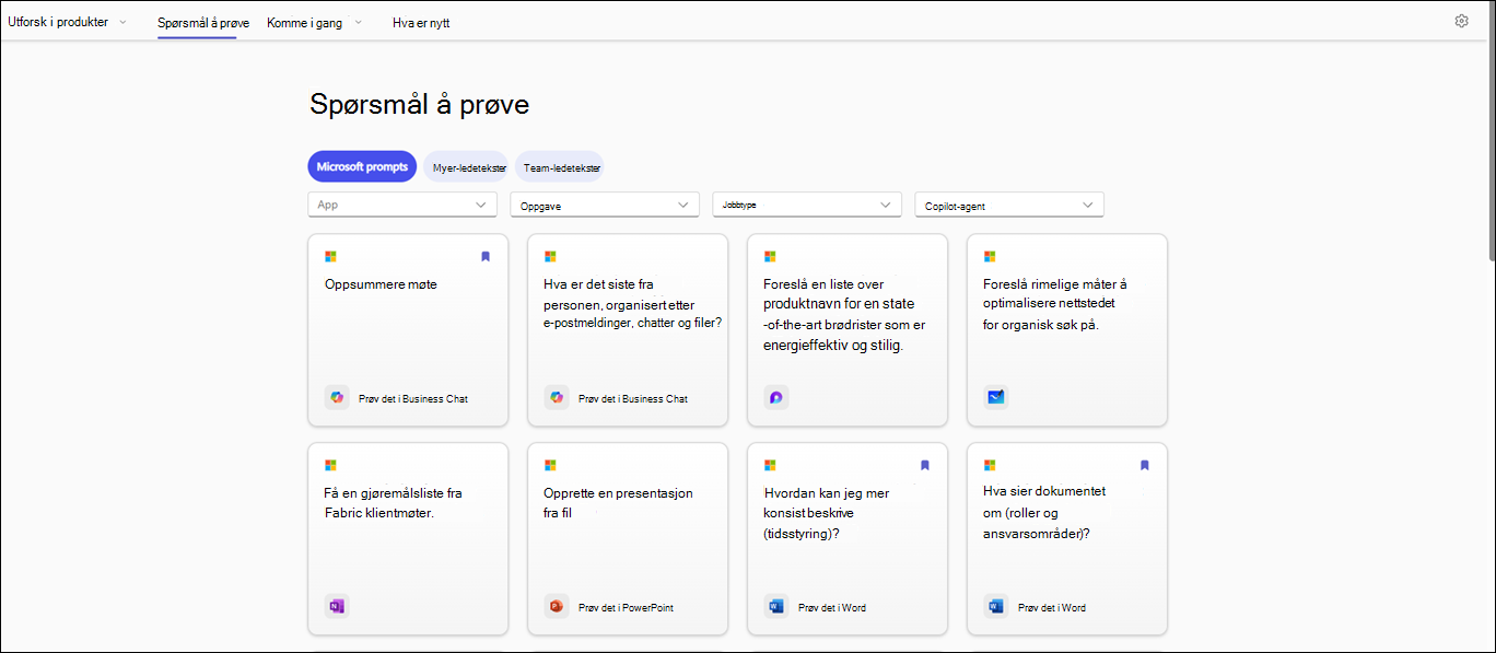 Spørsmål å prøve inndelingen på Copilot-spørsmålsgalleri-siden som viser de ulike ledetekstene med filteralternativene, for eksempel app, oppgave, jobbtype og Copilot-agent.