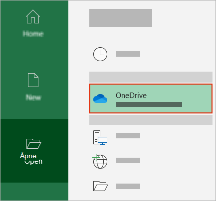 Dialogboksen Åpne i Office som viser OneDrive-mappen