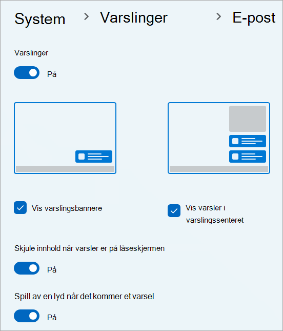 Varslingsinnstillinger for E-post-appen i Windows 11.