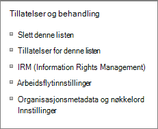 Listetillatelser og Innstillinger koblinger