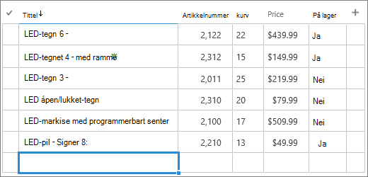 Hurtigredigeringsskjema for en liste