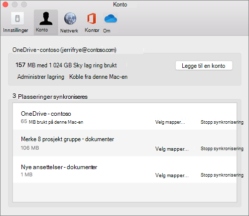 Skjermbilde av Konto-fanen på OneDrive synkroniseringsklienten for Mac