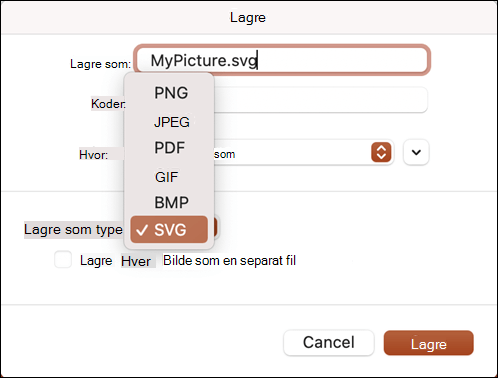 Dialogboksen Lagre som i PowerPoint 2021 for Mac med alternativet SVG valgt