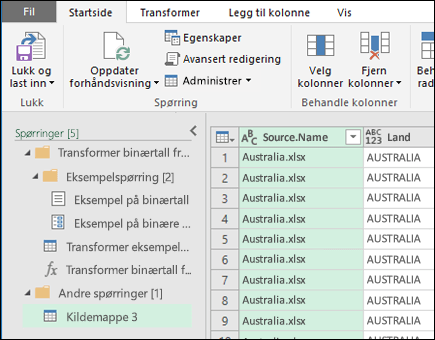 Dialogboksen Kombiner forhåndsvisning av binærfiler. Trykk på Lukk & Last inn for å godta resultatene og importere dem til Excel.