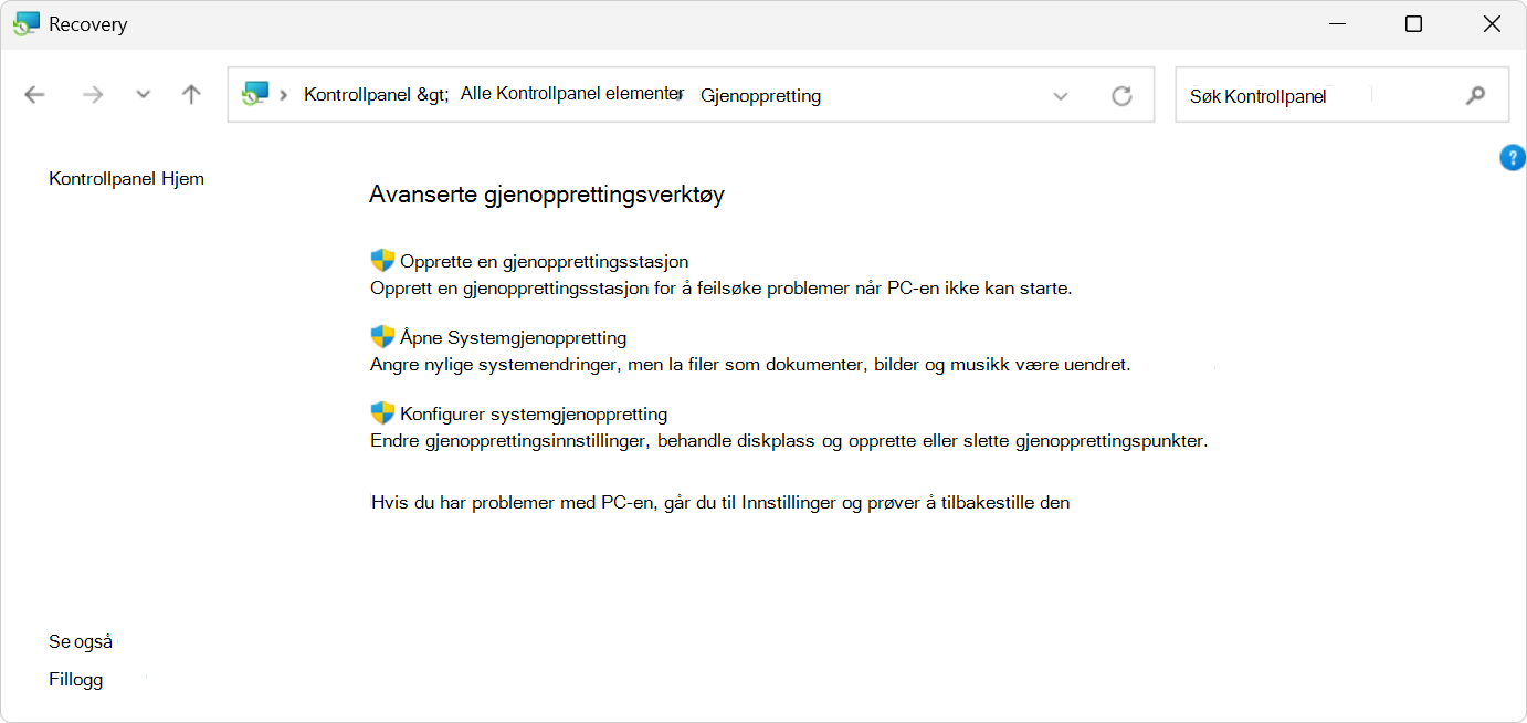 Skjermbilde av gjenopprettingsalternativene i Kontrollpanel.