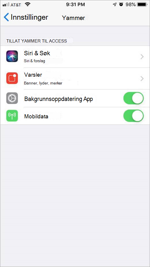 iOS Yammer Innstillinger-menyen