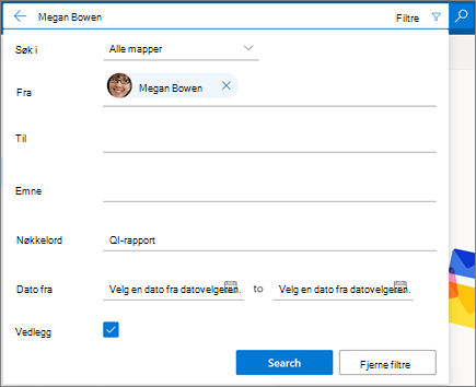Søke filtre i Outlook på nettet