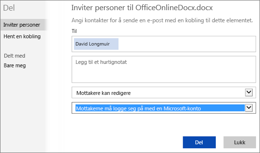 Skjermbilde av Del-dialogboksen som viser alternativet Mottakere må logge på med en Microsoft-konto