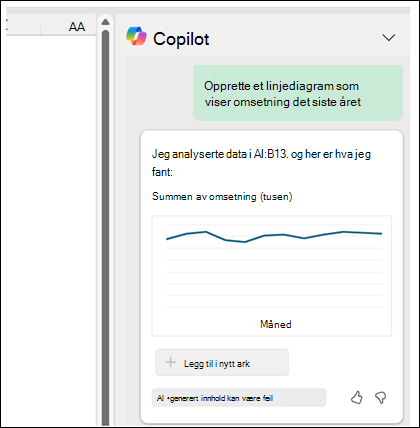 Copilot-ruten viser en ledetekst om «Opprett et linjediagram som viser omsetning det siste året» etterfulgt av et generert linjediagram som viser omsetning.