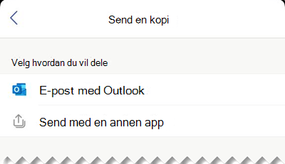 Du kan sende filen som en e-postmelding fra Outlook, eller du kan velge en annen app å sende filen fra.