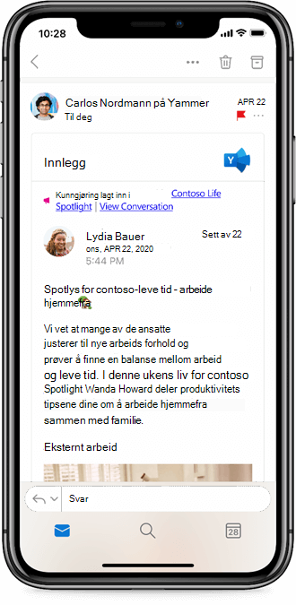 Arbeide med Yammer fra Outlook Mobile-apper
