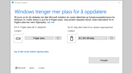 Meldingen «Windows trenger mer plass for å oppdatere»